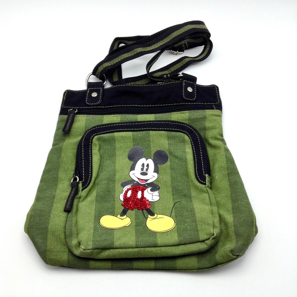 Disney Mickey Mouse Crossbody‎ Bag Green Striped Canvas Purse - Picture 3 of 8